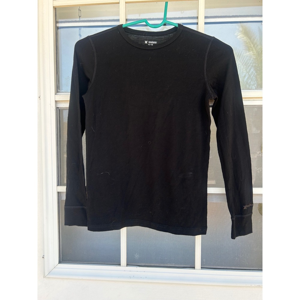 Woolcano Kids 11-12 Black 100% Superfine Merino Wool Long Sleeve Base Layer Top